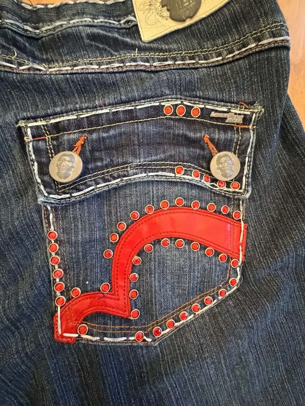 Laguna Beach Jean Co. Denim Jorts with Skull Buttons and Rhinestones Sz 40